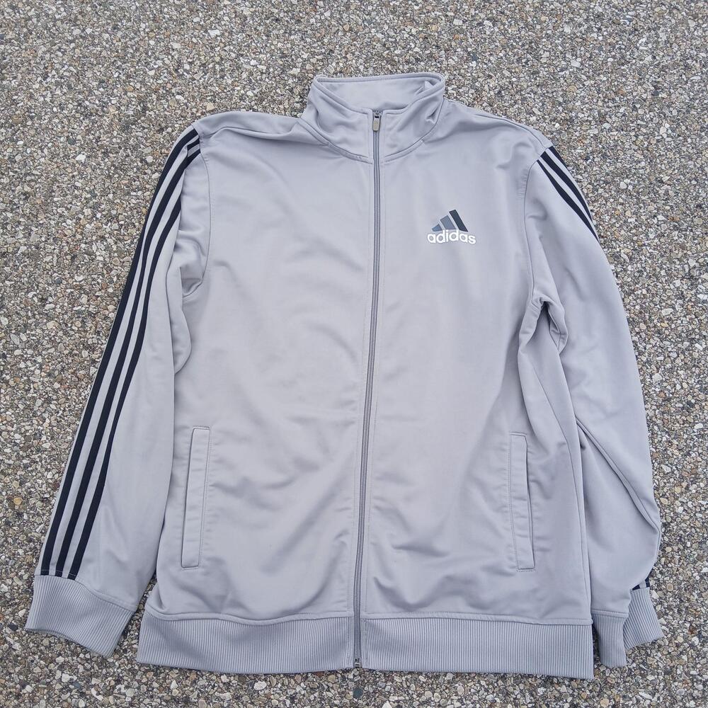 Adidas Track Jacket Mens XL Gray Black 3 Stripe Full Zip Athletic Training